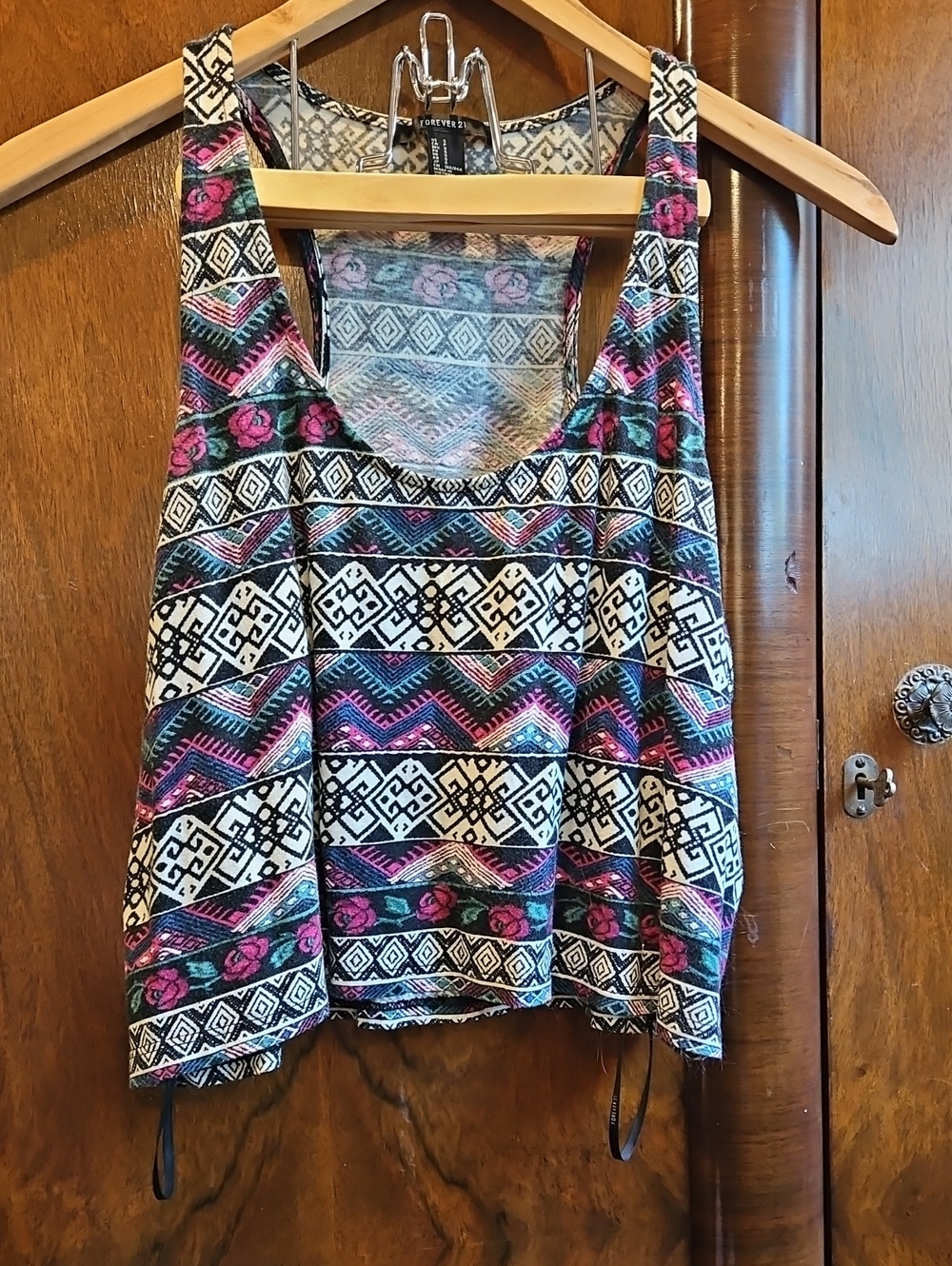 Forever 21 Women's Black, Pink & Teal Patterned Tank - Size S
